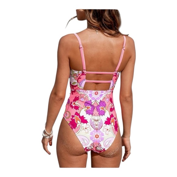 CUPSHE Pink Floral Square Neck Ladder Strap Back Tummy Control One Pc Sz M NEW - Picture 4 of 13